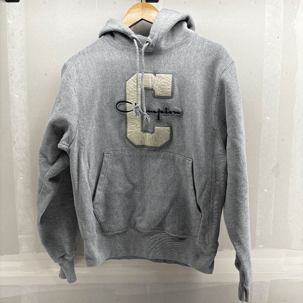 Vintage Champion Hoodie Mens Small Gray Spellout Big C Reverse Weave Sweatshirt